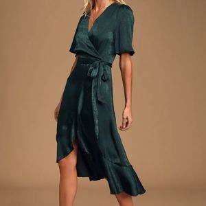 Lulus Wrapped Up In Love Dark Green Satin Faux-Wrap Midi Dress Size M